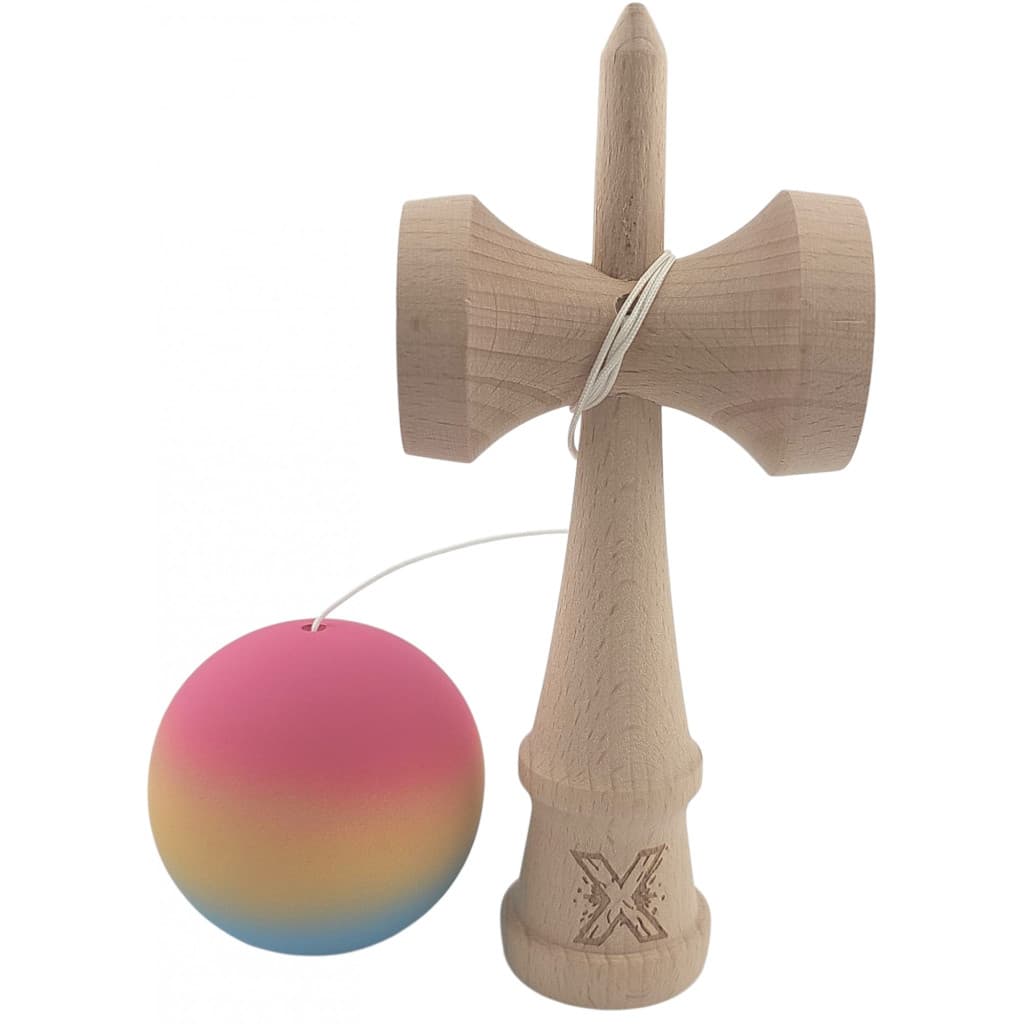Jucarie lemn Kendama X, originala, profesionala, Rubber Grip, roz/galben/albastru 2