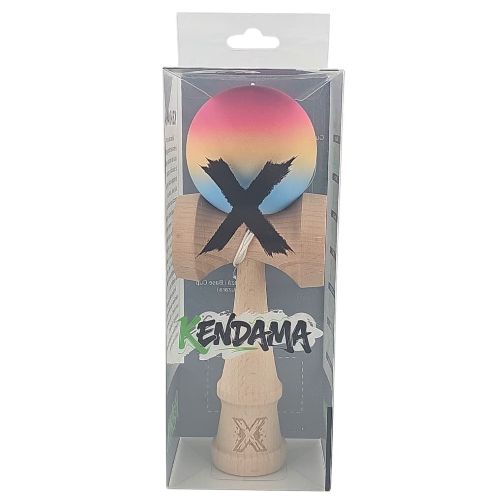 Jucarie lemn Kendama X, originala, profesionala, Rubber Grip, roz/galben/albastru 4