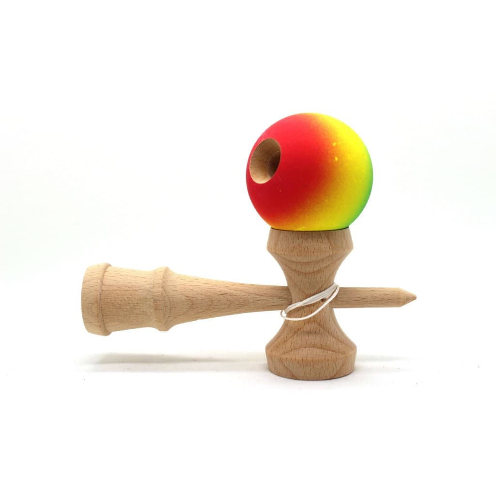 Jucarie lemn Kendama X, originala, profesionala, Rubber Grip, rosu/galben/albastru 2
