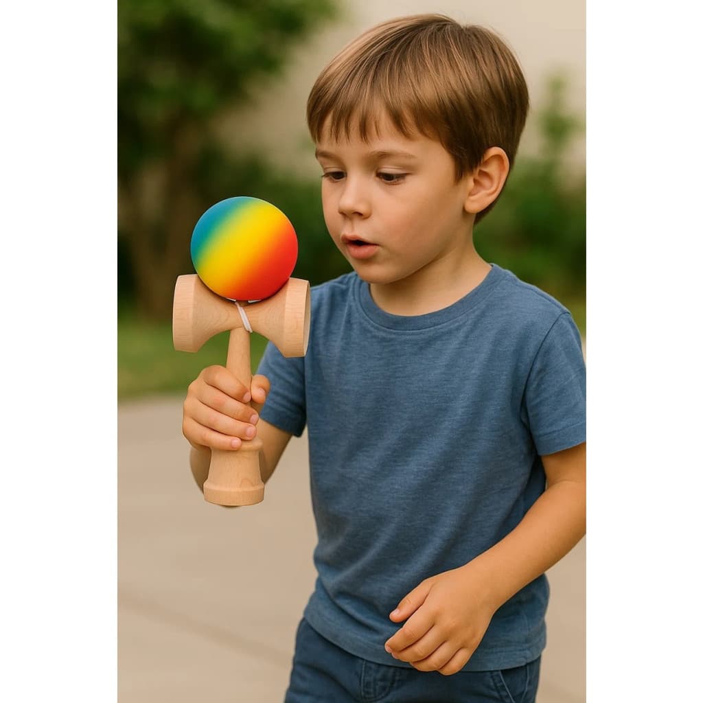 Jucarie lemn Kendama X, originala, profesionala, Rubber Grip, rosu/galben/albastru 4