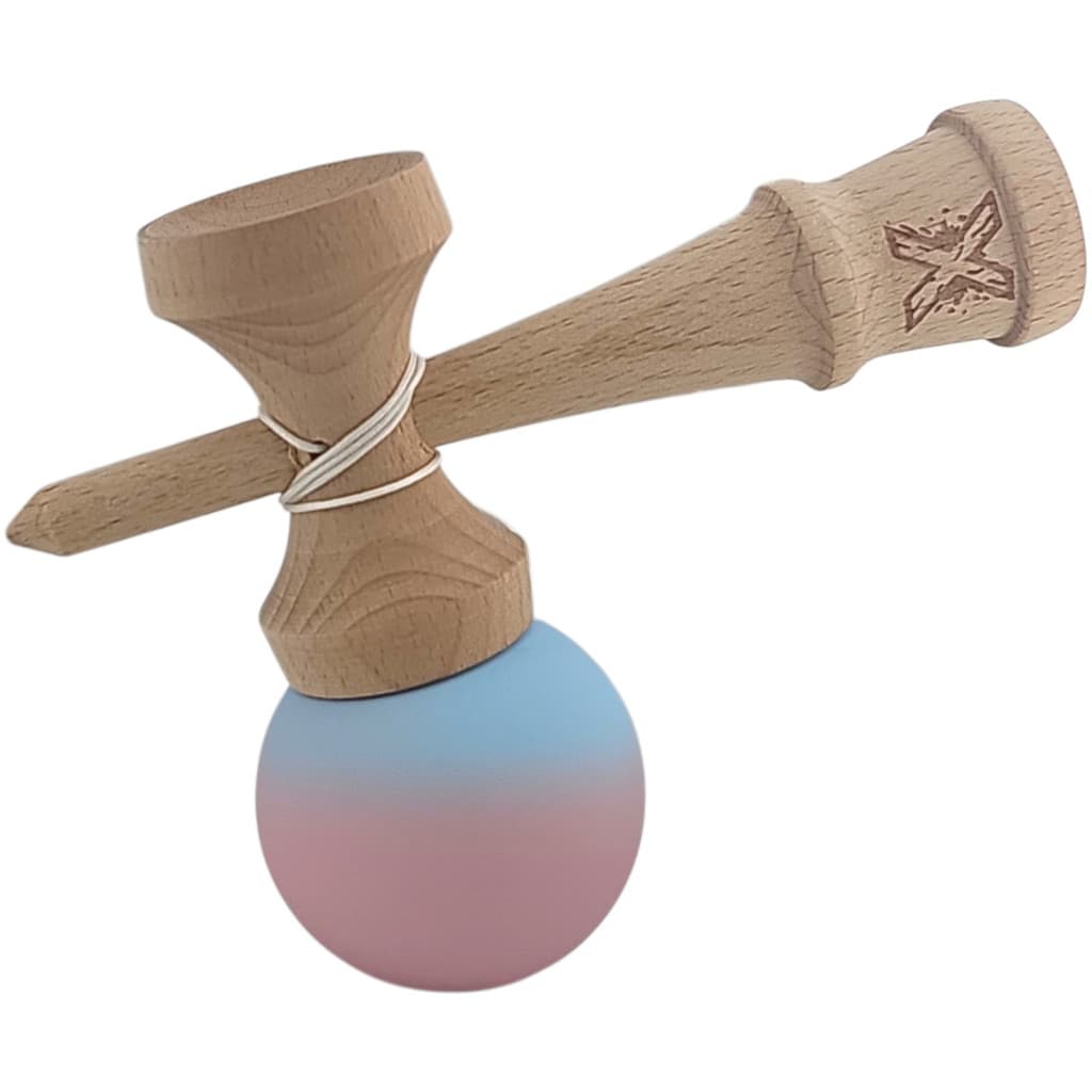 Jucarie lemn Kendama X, originala, profesionala, Rubber Grip, albastru/roz 3
