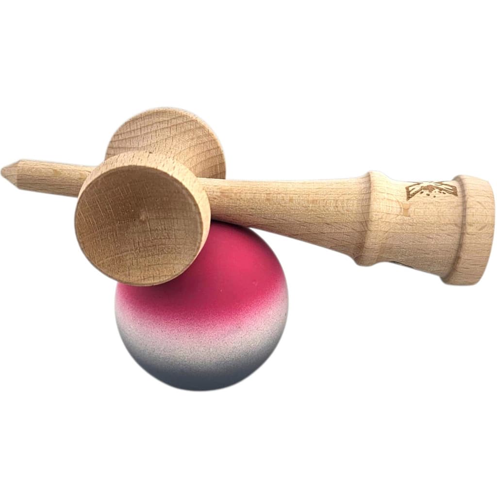 Jucarie lemn Kendama X, originala, profesionala, Rubber Grip, roz/alb/gri 3