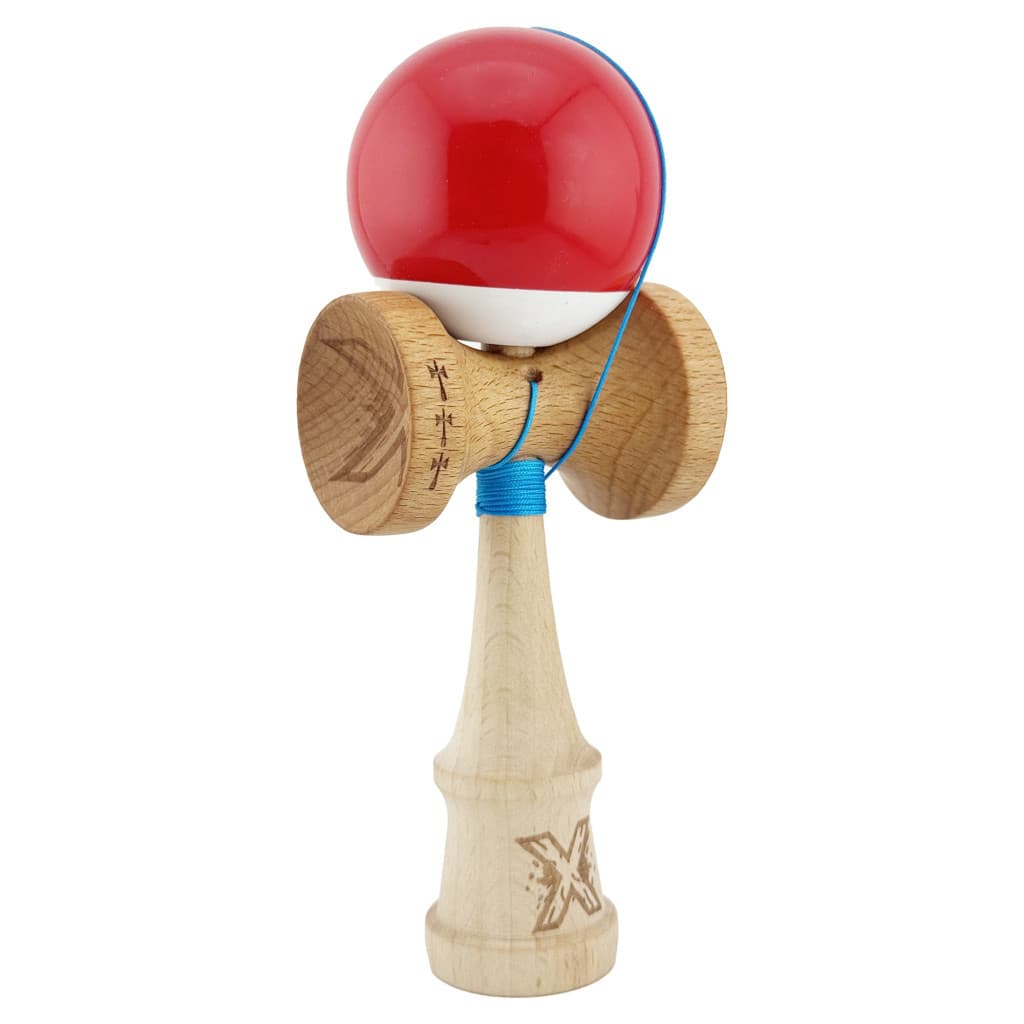 Jucarie lemn Kendama X, Super Sticky, cupe mari V2, gaura in basecup, rulment, ata rezerva, rosu/alb 2