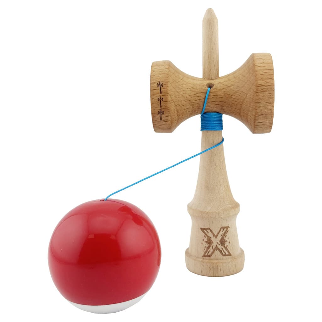 Jucarie lemn Kendama X, Super Sticky, cupe mari V2, gaura in basecup, rulment, ata rezerva, rosu/alb 3