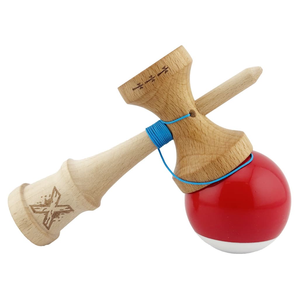 Jucarie lemn Kendama X, Super Sticky, cupe mari V2, gaura in basecup, rulment, ata rezerva, rosu/alb 4