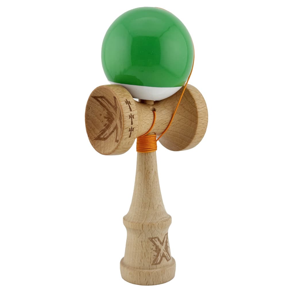 Jucarie lemn Kendama X, Super Sticky, cupe mari V2, gaura in basecup, rulment, ata rezerva, verde/alb 2
