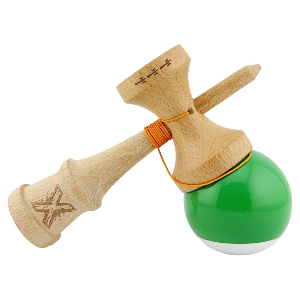 Jucarie lemn Kendama X, Super Sticky, cupe mari V2, gaura in basecup, rulment, ata rezerva, verde/alb 4