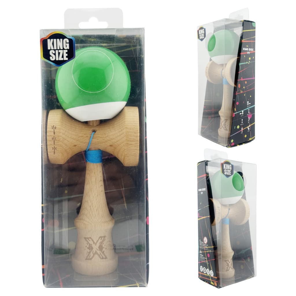 Jucarie lemn Kendama X, Super Sticky, cupe mari V2, gaura in basecup, rulment, ata rezerva, verde/alb 5