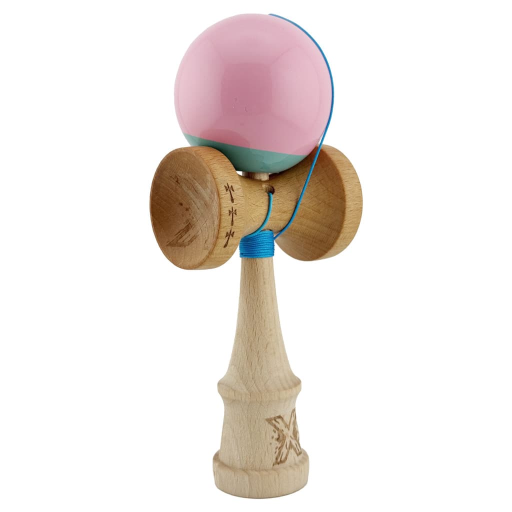 Jucarie lemn Kendama X, Super Sticky, cupe mari V2, gaura in basecup, rulment, ata rezerva, roz/verde 2