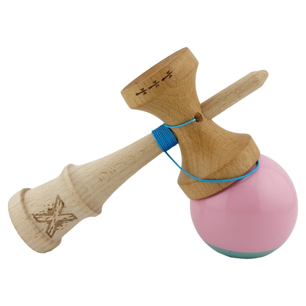 Jucarie lemn Kendama X, Super Sticky, cupe mari V2, gaura in basecup, rulment, ata rezerva, roz/verde 4