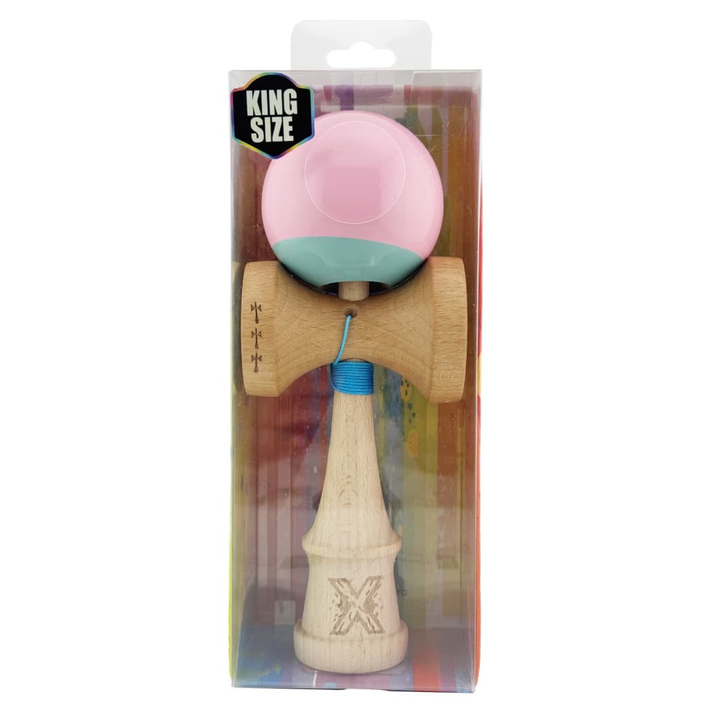 Jucarie lemn Kendama X, Super Sticky, cupe mari V2, gaura in basecup, rulment, ata rezerva, roz/verde 5
