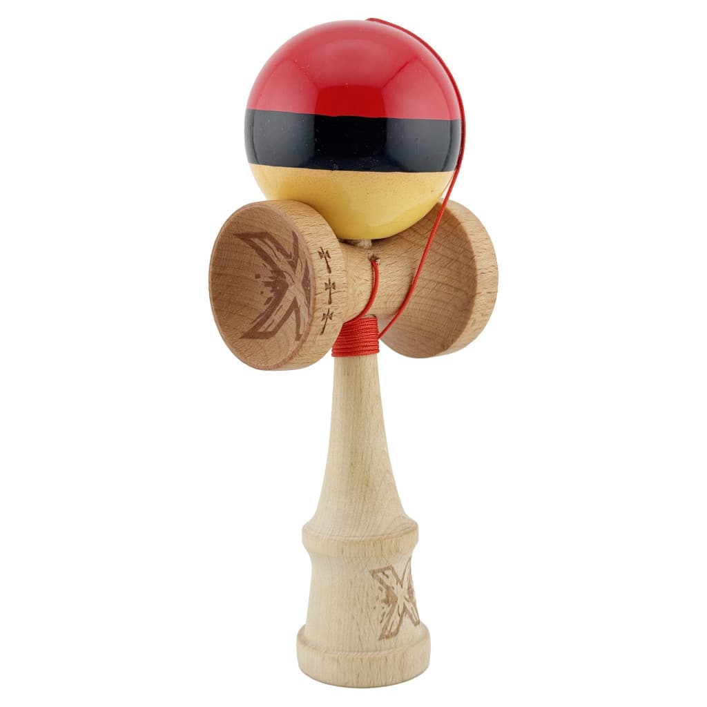 Jucarie lemn Kendama X, Super Sticky, cupe mari V2, gaura in basecup, rulment, ata rezerva, rosu/negru/galben 2