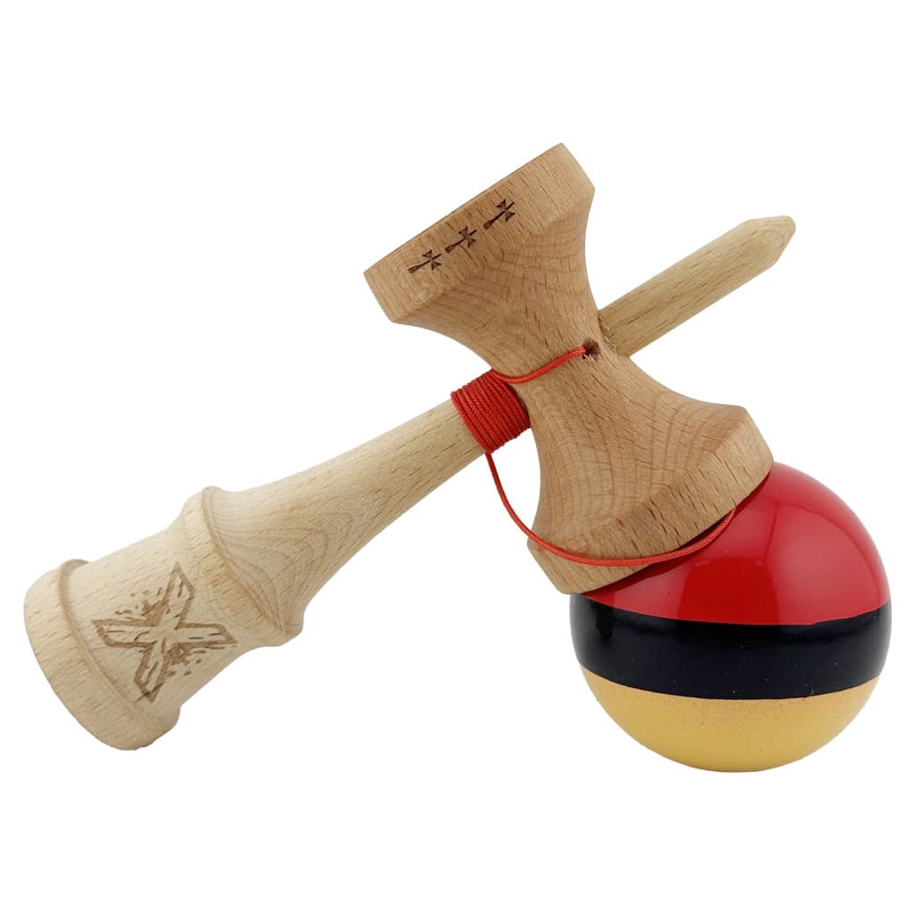 Jucarie lemn Kendama X, Super Sticky, cupe mari V2, gaura in basecup, rulment, ata rezerva, rosu/negru/galben 4