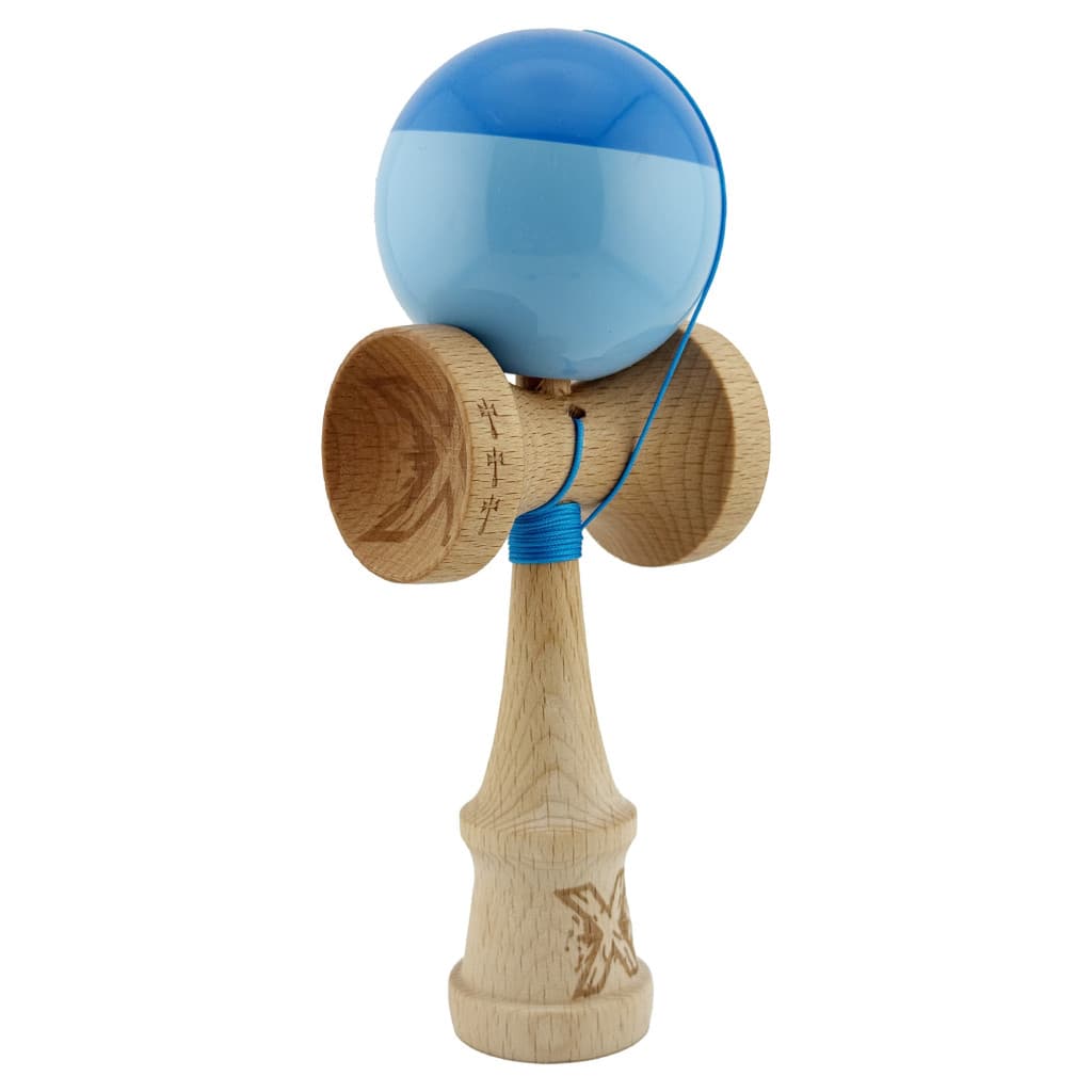 Jucarie lemn Kendama X, Super Sticky, cupe mari V2, gaura in basecup, rulment, ata rezerva, albastru/bleu 2
