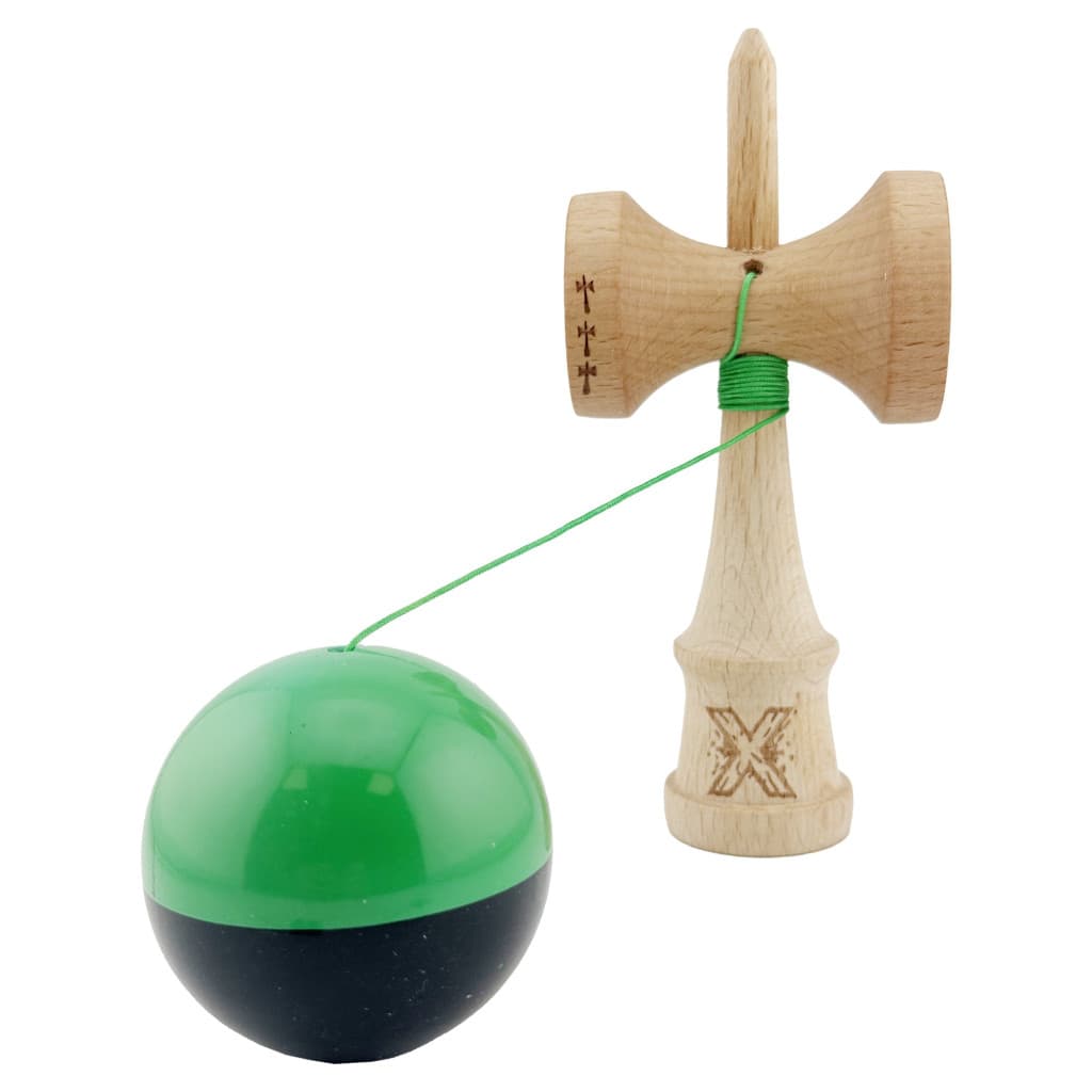 Jucarie lemn Kendama X, Super Sticky, cupe mari V2, gaura in basecup, rulment, ata rezerva, verde/negru 3