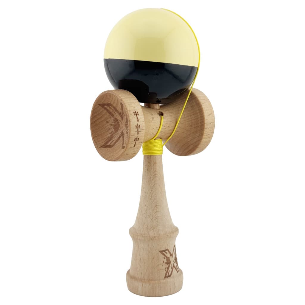 Jucarie lemn Kendama X, Super Sticky, cupe mari V2, gaura in basecup, rulment, ata rezerva, galben/negru 2