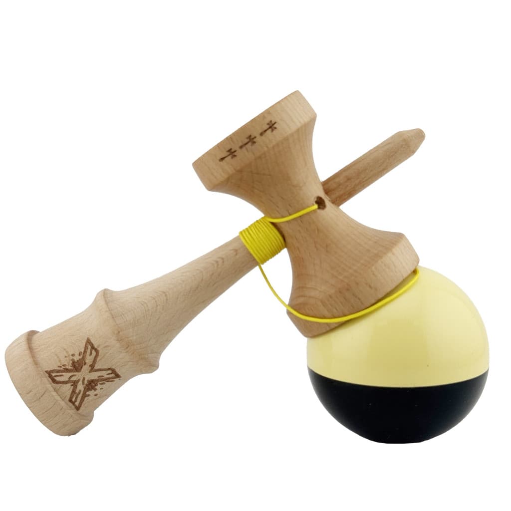 Jucarie lemn Kendama X, Super Sticky, cupe mari V2, gaura in basecup, rulment, ata rezerva, galben/negru 4