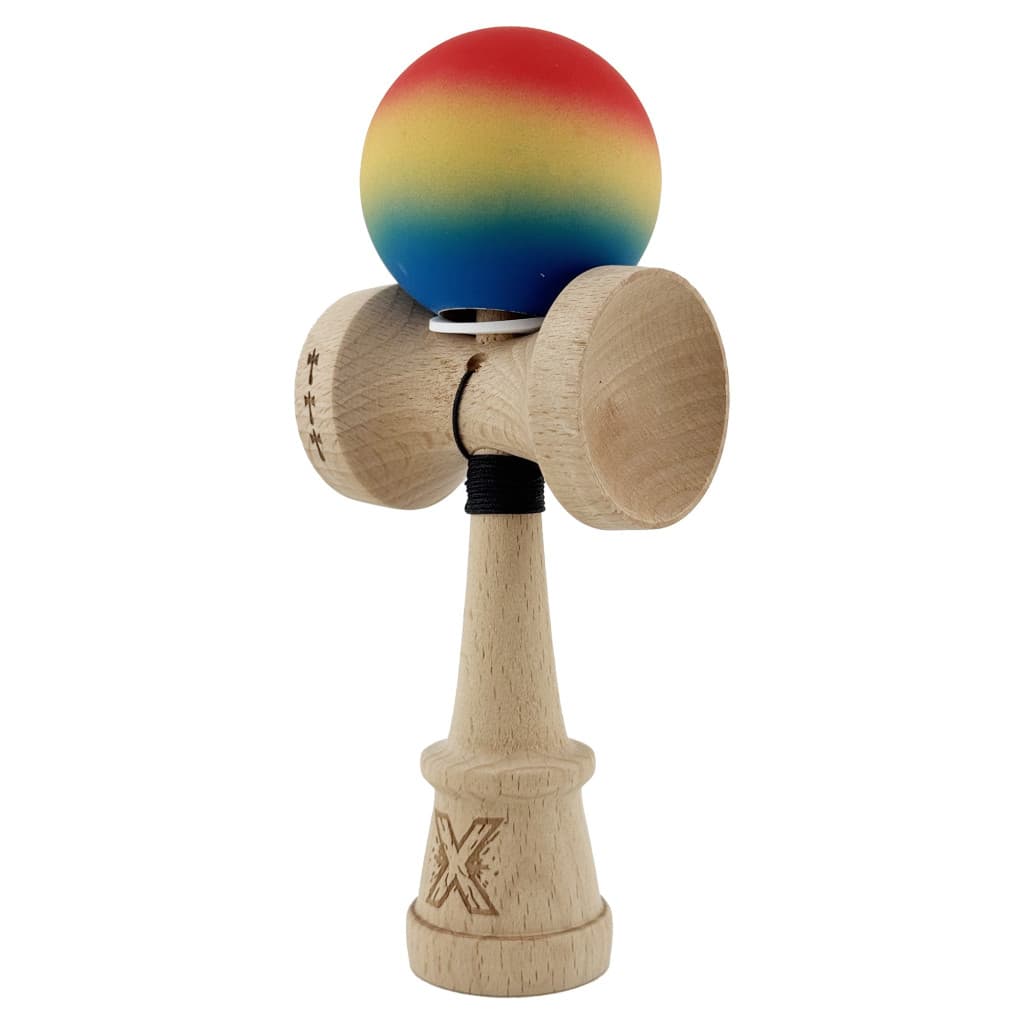 Jucarie lemn Kendama X, Rubber Grip, cupe mari V3, gaura in basecup, rulment, ata rezerva, rosu/galben/albastru 2