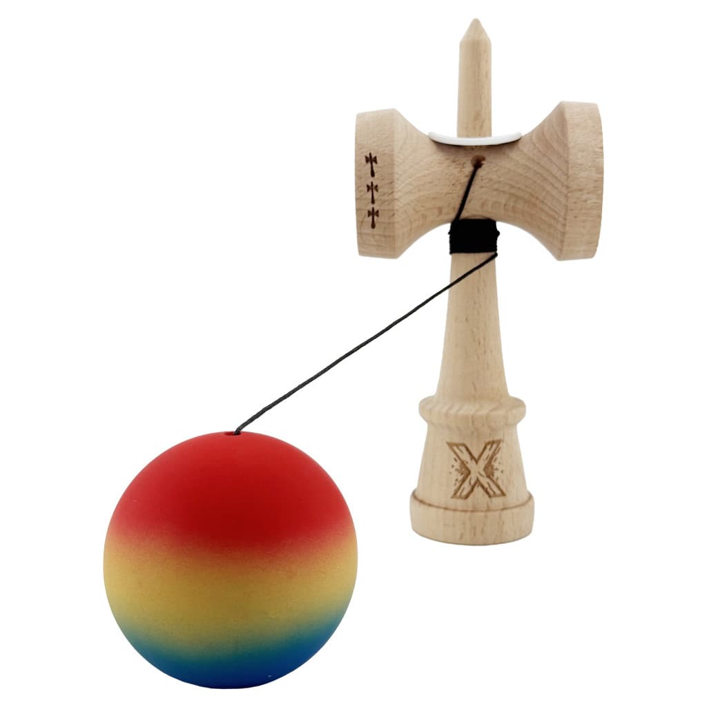 Jucarie lemn Kendama X, Rubber Grip, cupe mari V3, gaura in basecup, rulment, ata rezerva, rosu/galben/albastru 3