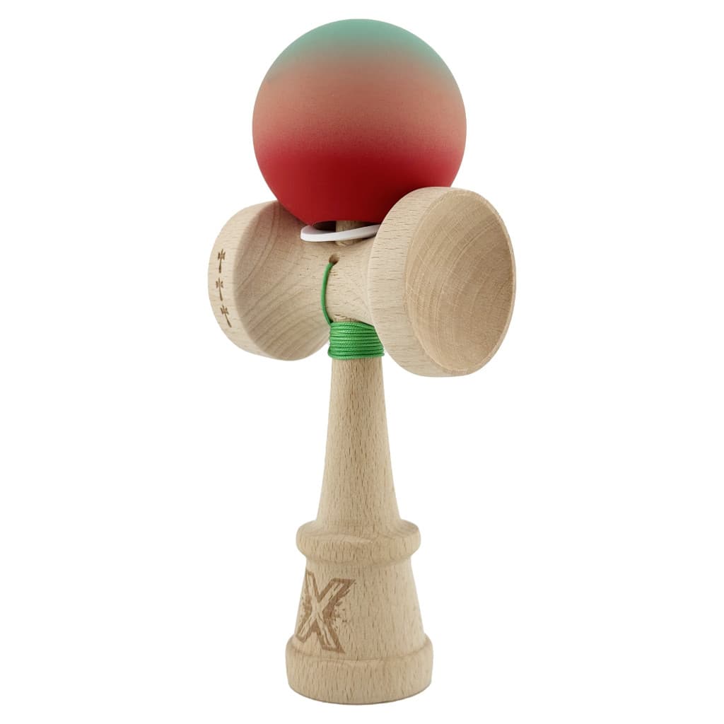 Jucarie lemn Kendama X, Rubber Grip, cupe mari V3, gaura in basecup, rulment, ata rezerva, verde/roz/rosu 2