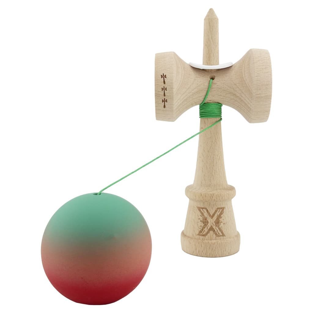 Jucarie lemn Kendama X, Rubber Grip, cupe mari V3, gaura in basecup, rulment, ata rezerva, verde/roz/rosu 3