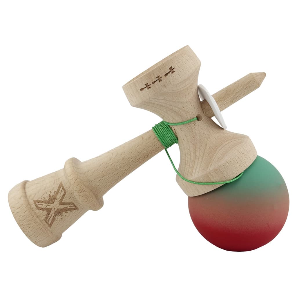 Jucarie lemn Kendama X, Rubber Grip, cupe mari V3, gaura in basecup, rulment, ata rezerva, verde/roz/rosu 4