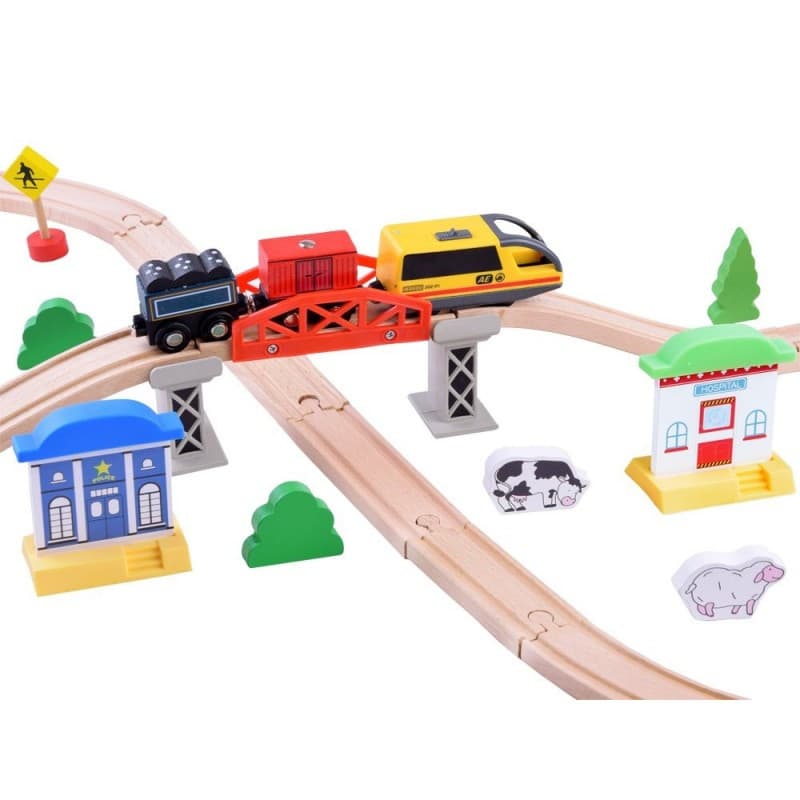 Traseu din lemn Kids Toyland, oras cu accesorii, locomotiva cu baterii, 46 de piese 4