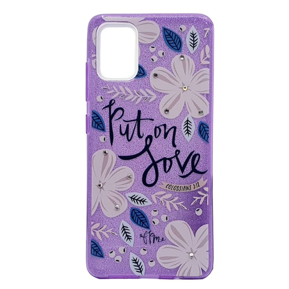 Husa Flowers Glitter pentru Samsung Galaxy S20 Ultra, cu mesaj, mov 1