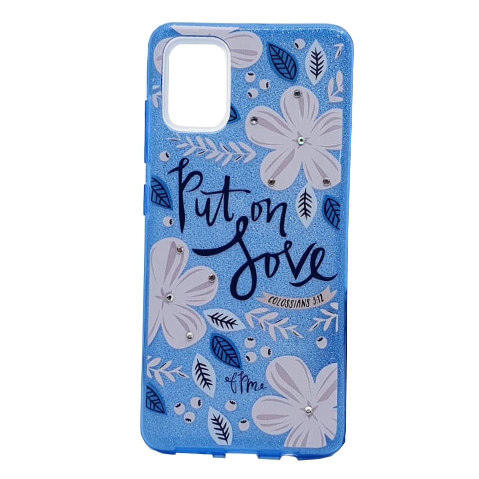 Husa Flowers Glitter pentru Samsung Galaxy S20, cu mesaj, albastra 1