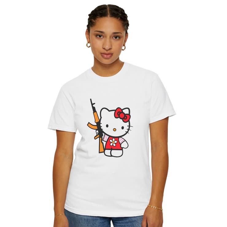 Tricou personalizat alb, copii/adulti, design Kitty with gun, modal, diverse marimi 1