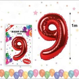 Balon din folie metalizata, 100 cm, rosu, cifra 9 1