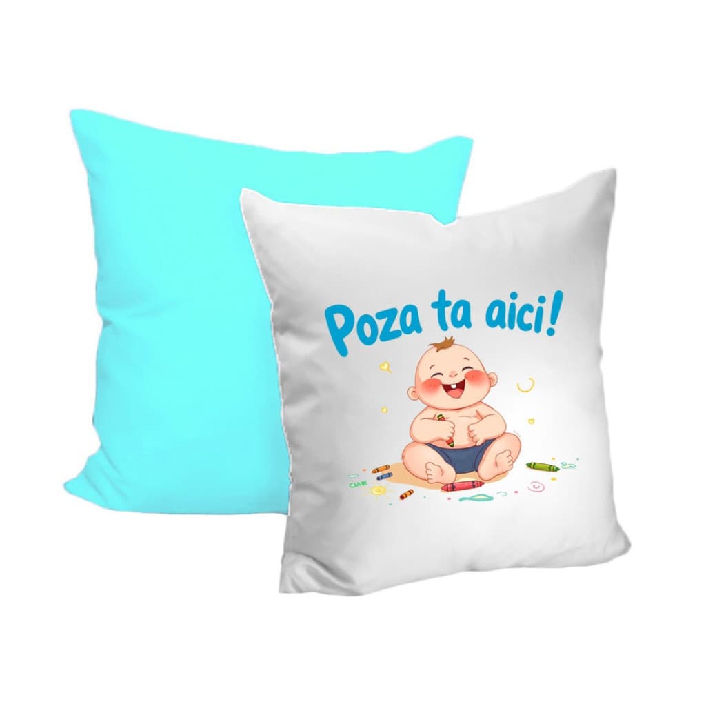 Perna decorativa personalizata, cu poza ta, 40 x 40 cm, alba, mata, spate albastru deschis, husa detasabila 1