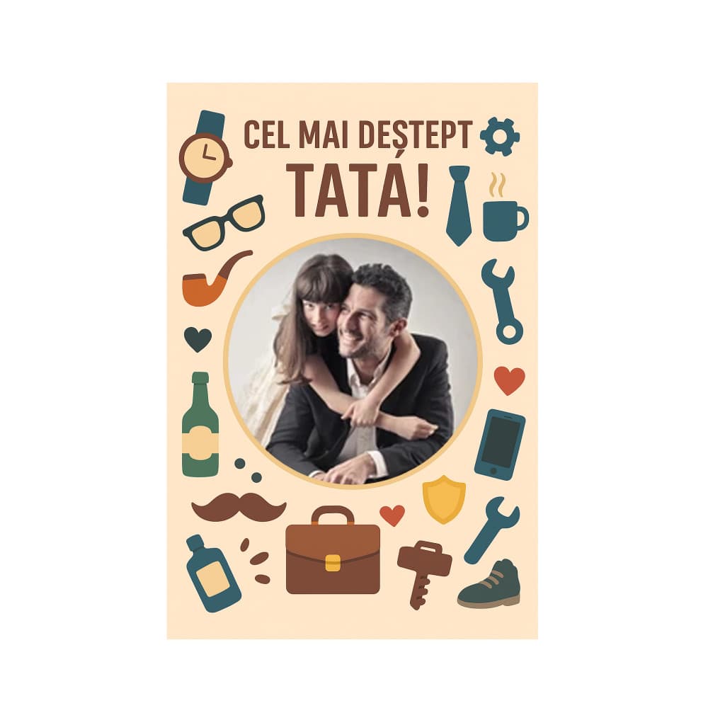 Magnet foto personalizat cu imaginea ta, sidefat, 9.5 x 5 cm, rama Cel mai destept tata! 1