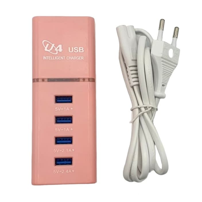 Incarcator casa U4, 4 porturi USB 5V - 2.4A, cablu prelungitor 1 metru, roz 1