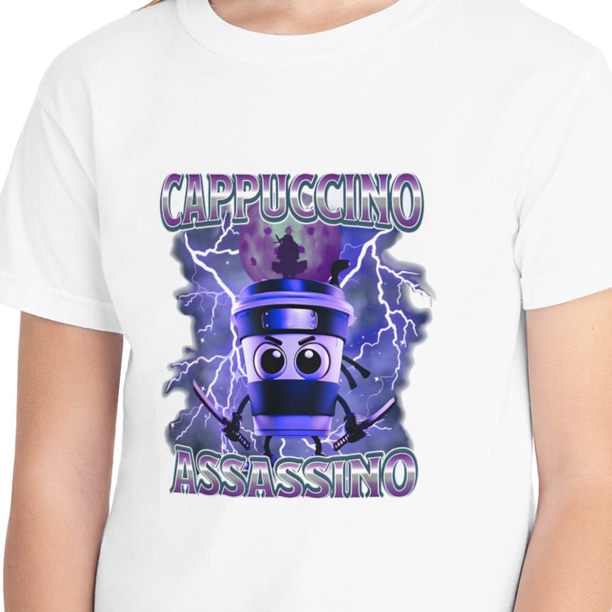Tricou personalizat alb, copii/adulti, design Cappuccino Assassino 2, modal, diverse marimi 1