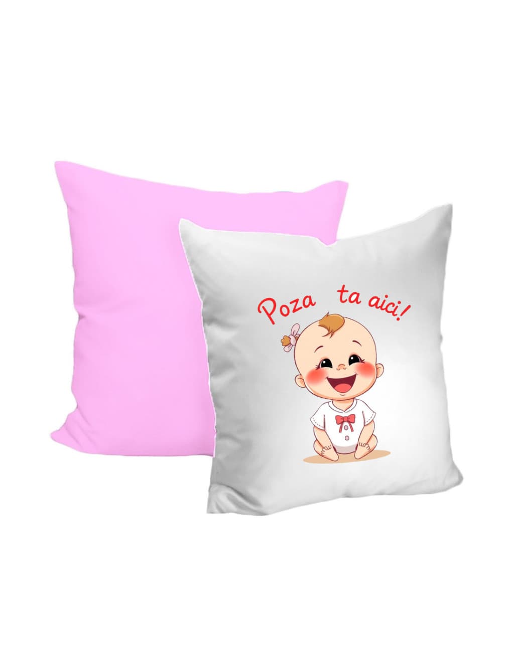 Perna decorativa personalizata, cu poza ta, 40 x 40 cm, alba, mata, spate roz, husa detasabila 1