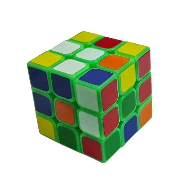 Jucarie cub tip Rubik, 3 x 3 randuri, 5.5 cm, 6 fete colorate, cadru verde fluorescent 1