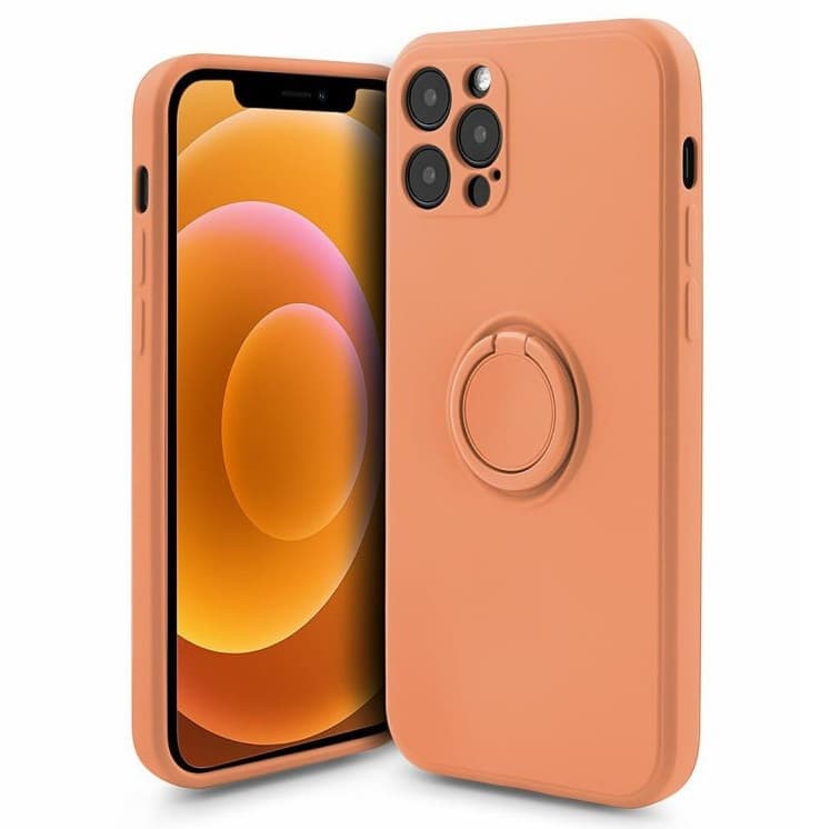 Husa Apple iPhone 12, Ring Silicone, suport sustinere rotativ, catifea in interior, portocalie 1
