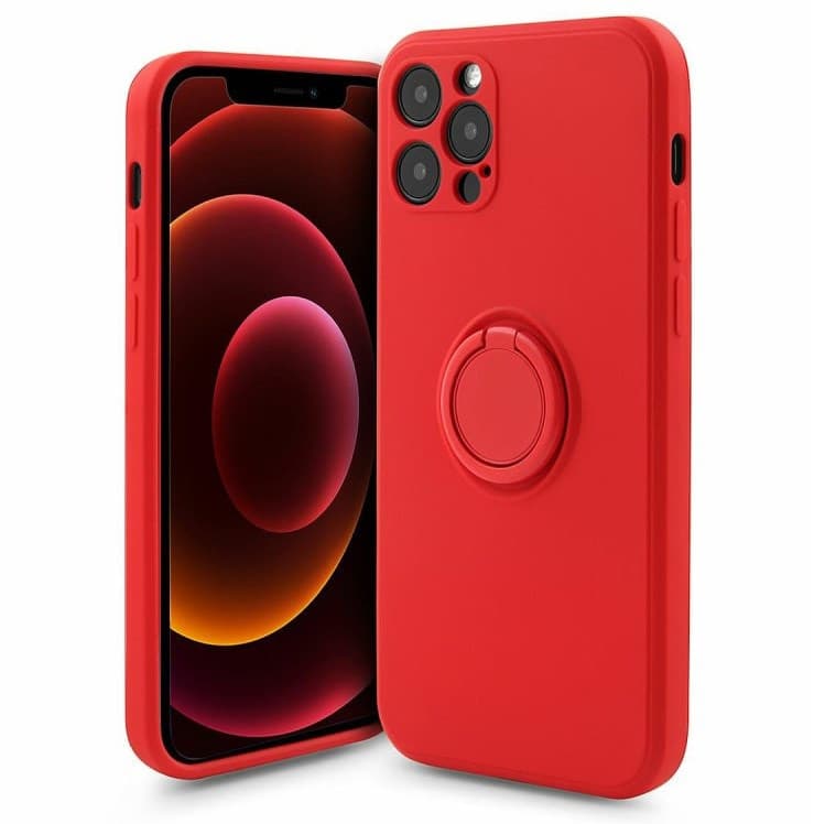 Husa Apple iPhone 13 Pro, Ring Silicone, suport sustinere rotativ, catifea in interior, rosie 1
