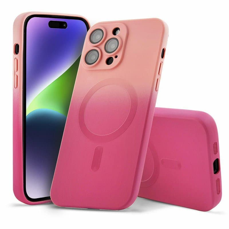 Husa Apple iPhone 14 Plus, Magsafe Ombre Silicone, geam protectie camere, roz 1