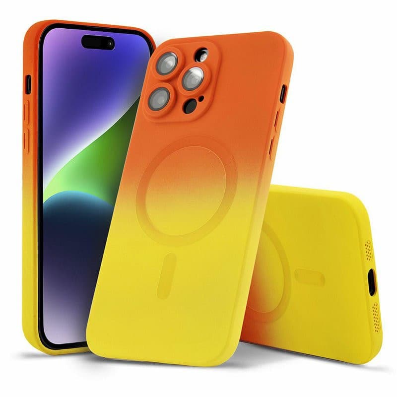 Husa Apple iPhone 15, Magsafe Ombre Silicone, geam protectie camere, portocaliu/galben 1