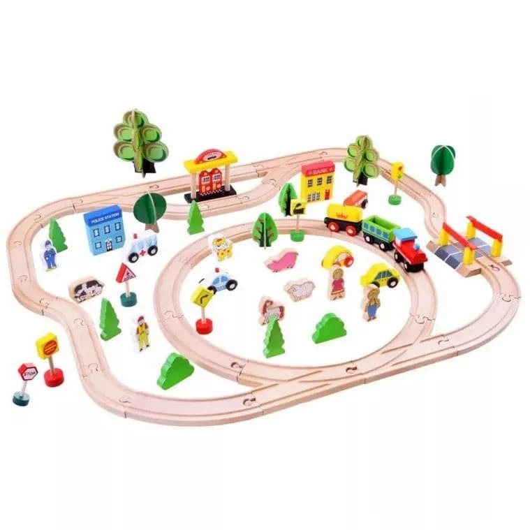 Traseu din lemn Kids Toyland, cu masinute si accesorii, 80 piese 1
