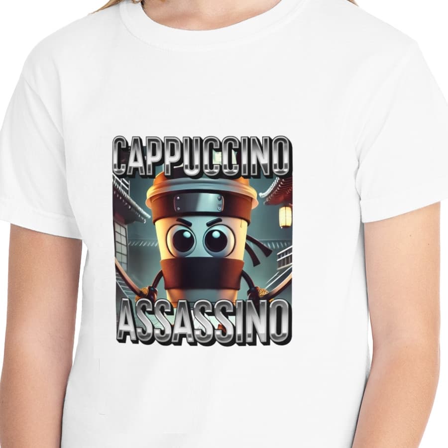 Tricou personalizat alb, copii/adulti, design Cappuccino Assassino 3, modal, diverse marimi 1