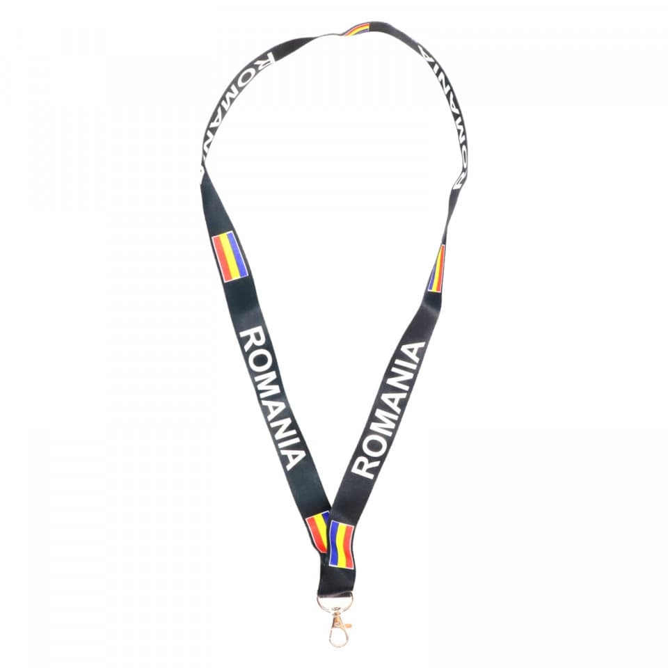 Snur textil cu carabiniera, imprimeu Romania, 45 cm, negru 1