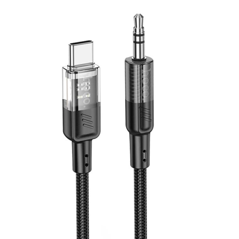 Cablu adaptor Hoco UPA27 Crystal Clear, AUX USB-C / 3,5 mm jack, protectie textila, negru 1