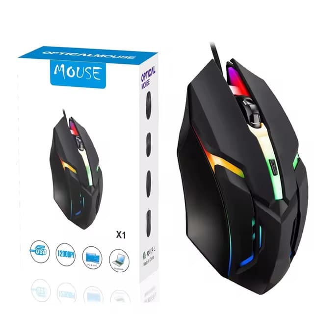 Mouse gaming X1 cu fir USB, 400 / 800 DPI, lumini RGB, cablu 1.5 m, negru 1