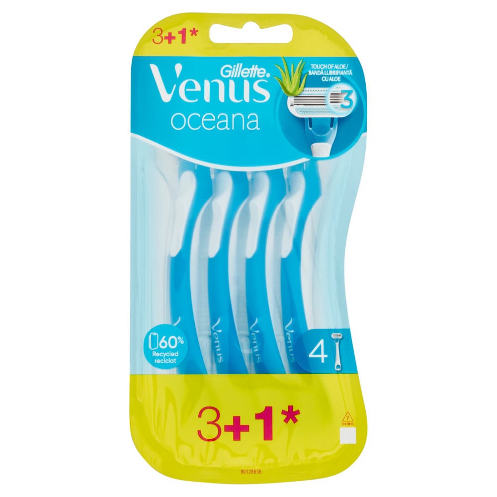 Set 4 aparate de ras Gillette Venus Oceana, 3 lame, banda lubrifianta cu aloe, alb/albastru 1
