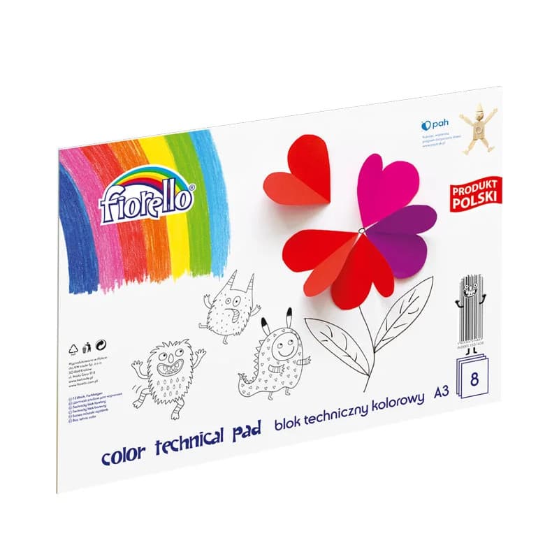 Bloc tehnic colorat A3 Fiorello 150-1439, 160g/mp, mix diverse culori, set 8 file 1
