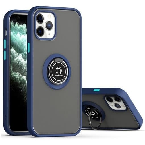 Husa protectie Apple iPhone 12/12 Pro, Metal Bracket, antisoc, inel sustinere, prindere magnetica, margini albastre 1