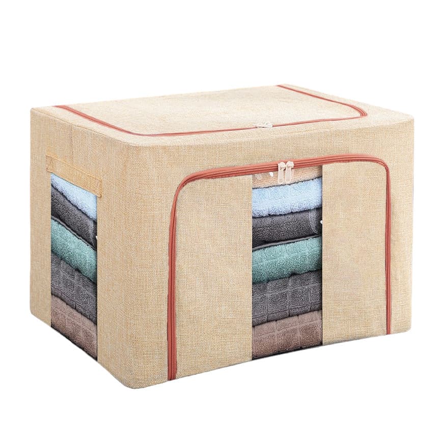 Cutie de depozitare pliabila cu fermoar, 100 litri, 60 X 42 X 40 cm, doua fereastre, cadru metalic, crem 1